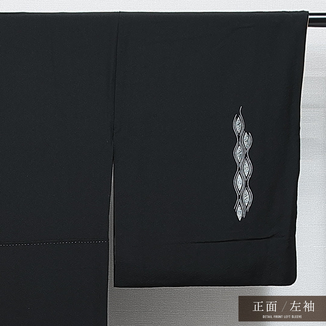 付下げ 袷 身丈153cm 裄丈61cm 正絹 Aランク インフォーマル 広衿 Sサイズ 刺繍 よろけ縞 菱形 黒系 M4 1218-14870