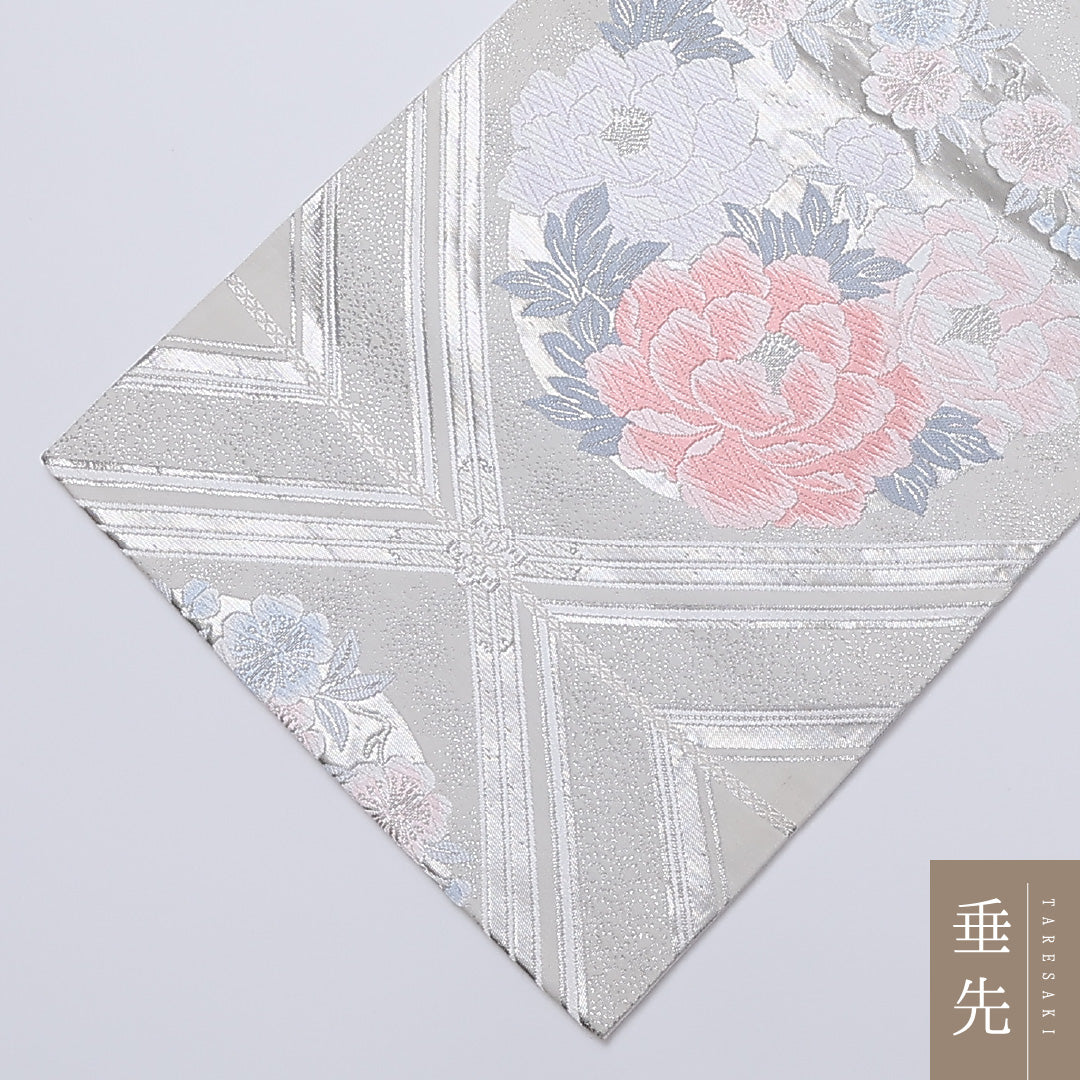 袋帯 帯丈416cm 六通 牡丹 花菱 セミフォーマル 銀系 正絹 Aランク 1223-00912