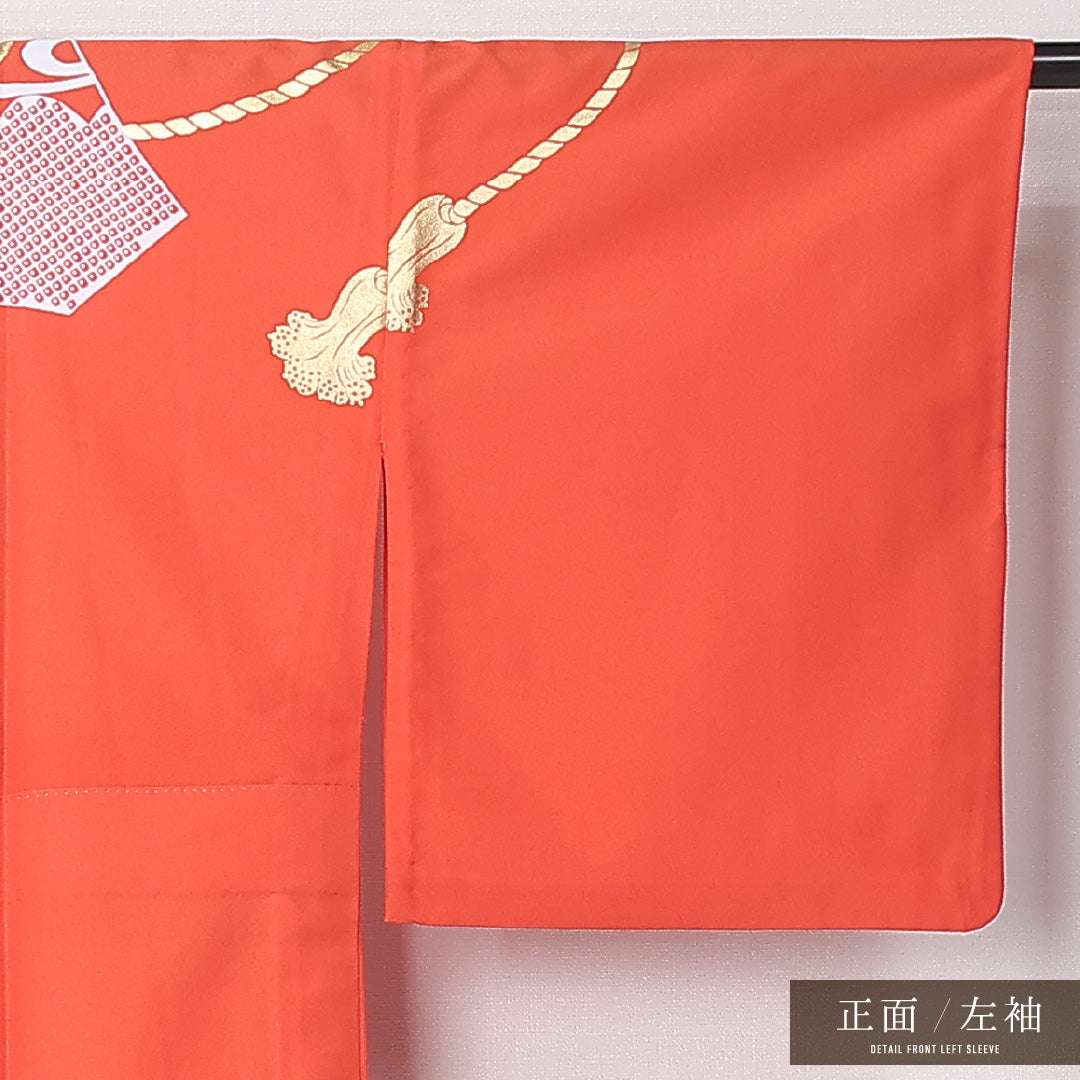 洗える着物 訪問着 単衣 身丈153cm 裄丈66cm ポリエステル Sランク セミフォーマル バチ衿 Sサイズ 扇 花菱亀甲 紅葉 朱系 RP 1217-12444