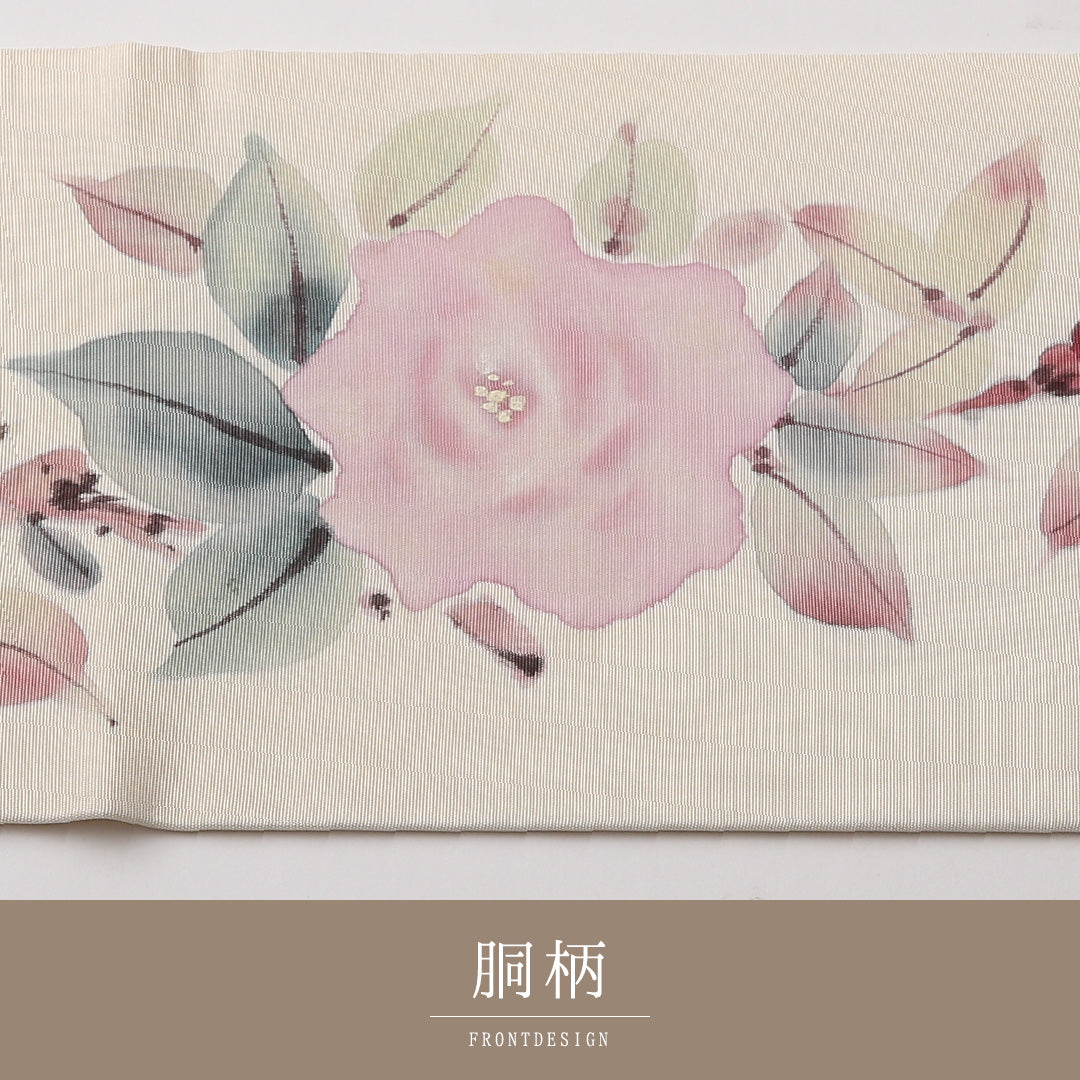 名古屋帯 ポイント柄 帯丈371cm カジュアル Cランク 正絹 塩瀬 薔薇 椿 クリーム系 1224-02319