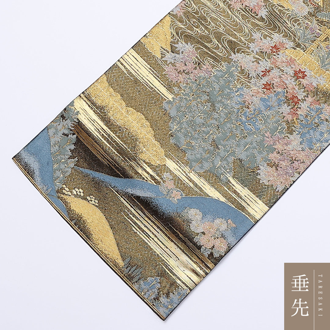 袋帯 帯丈436cm 六通 春日大社東西御廊 寺社仏閣 笠松 桜 紅葉 フォーマル 緑系 正絹 Sランク 1223-00957