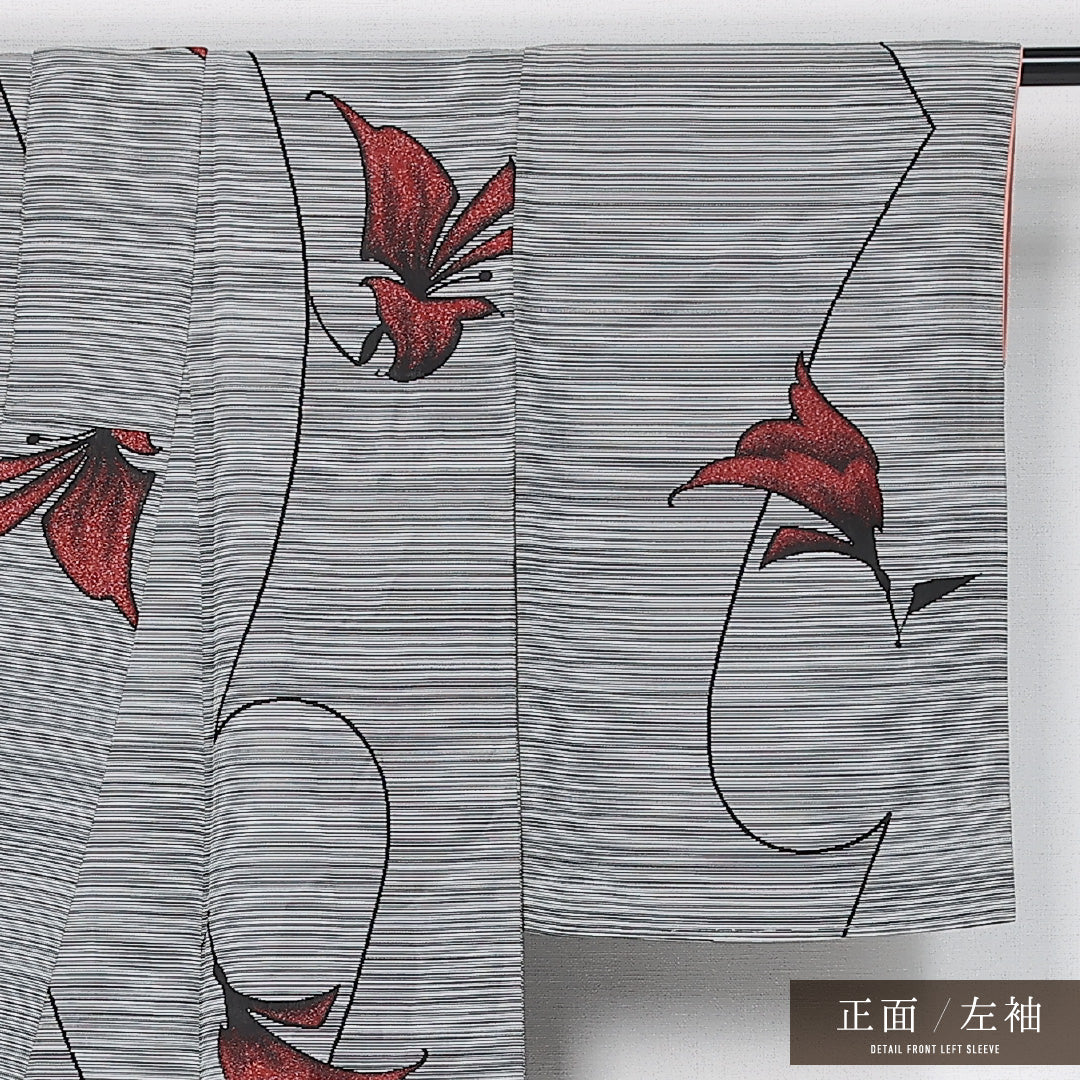 お召 袷 身丈150cm 裄丈62cm 正絹 Aランク インフォーマル 広衿 Sサイズ 漆糸 縞 ラメ グレー系 HP 1222-11892