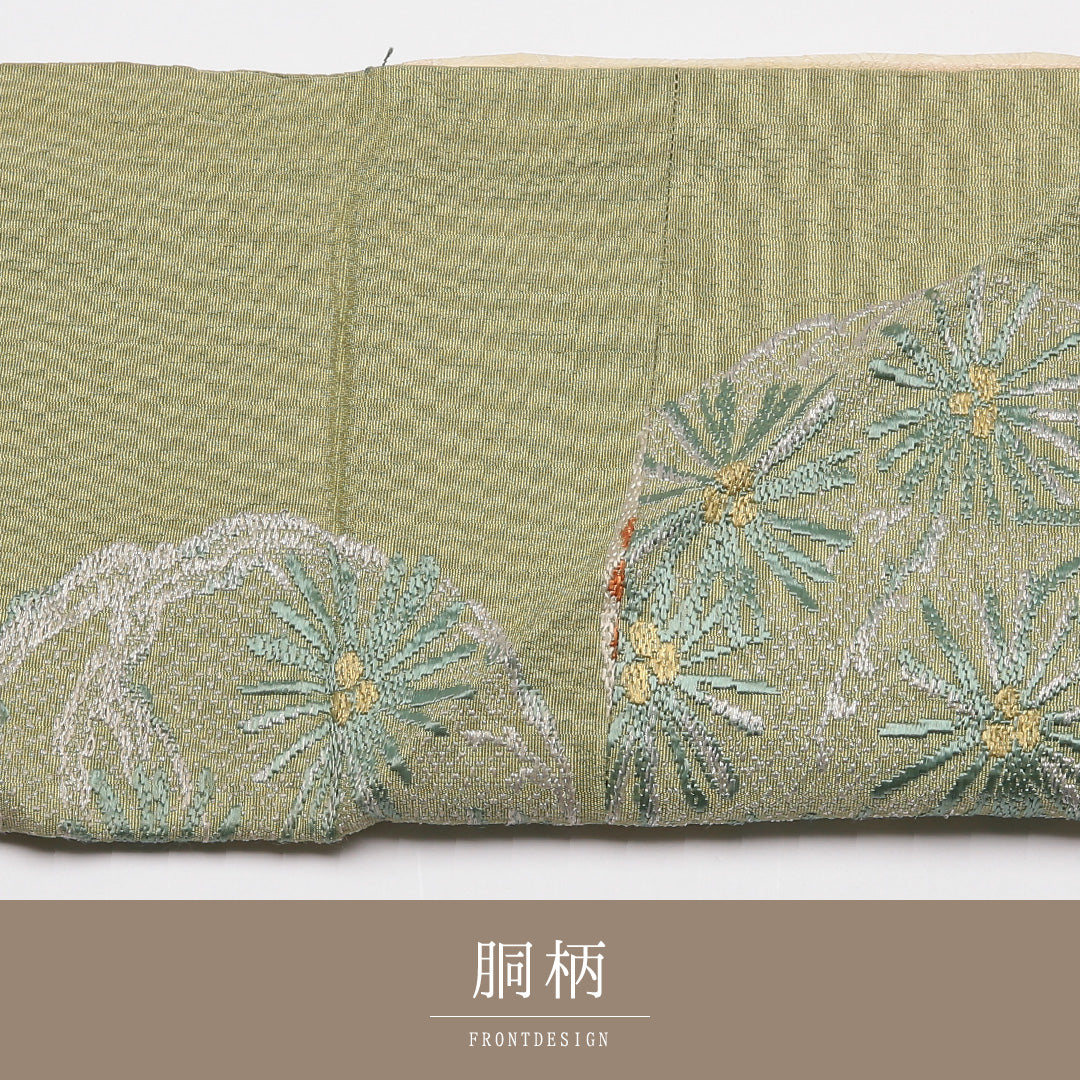 アンティーク 九寸名古屋帯 Cランク 帯丈334cm 正絹 六通 名古屋仕立て 染め ちりめん 菊 緑系 M4 1245-01794