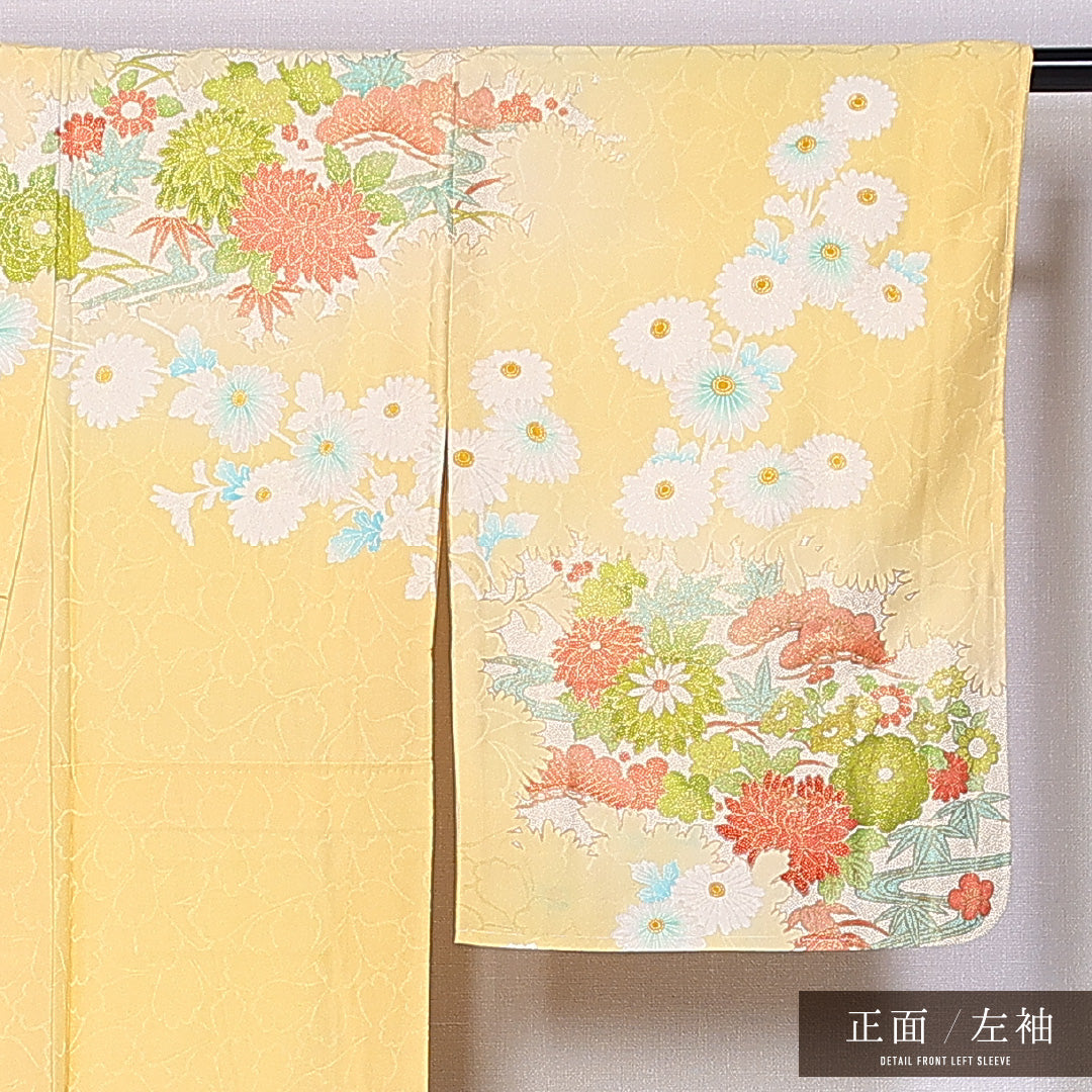 訪問着 袷 身丈155cm 裄丈64cm 正絹 Sランク 紋意匠 (花柄) セミフォーマル バチ衿 Mサイズ 金箔 菊 笠松 黄系 RP 1217-11214