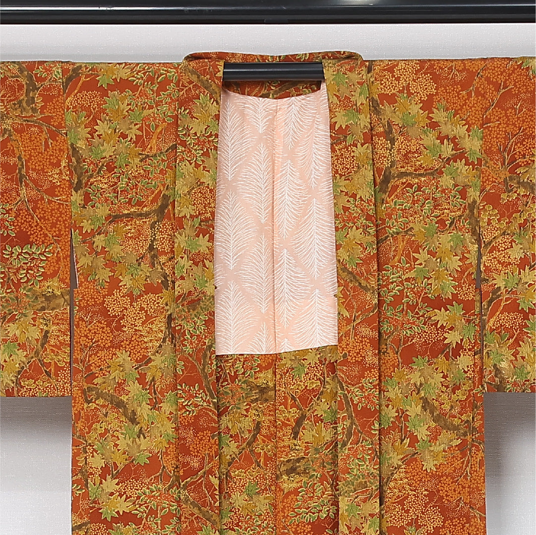 羽織 袷 身丈75cm 裄丈64cm 正絹 Sランク カジュアル Mサイズ 桜 紅葉 南天 朱系 RP 1232-12090