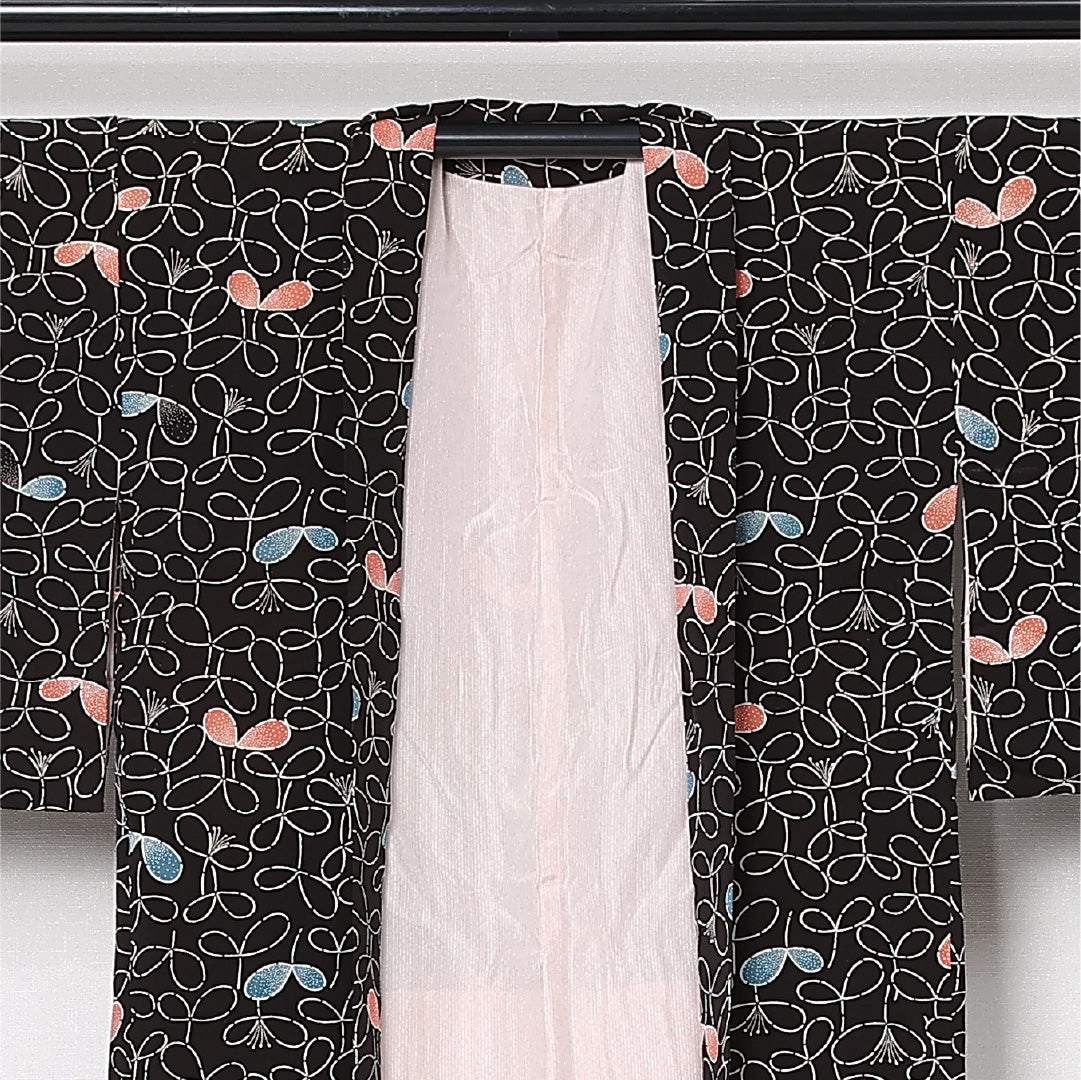 黒羽織 袷 身丈74cm 裄丈63cm 正絹 Aランク インフォーマル Sサイズ 植物柄 黒系 RP 1233-12806
