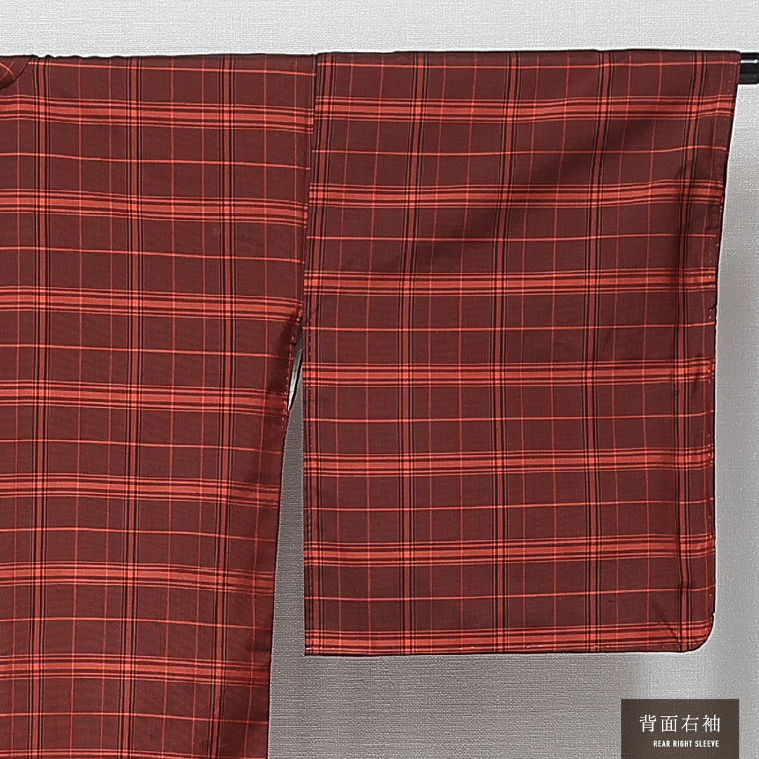 道中着 袷 身丈77cm 裄丈64cm 正絹 Sランク カジュアル Mサイズ 格子 レトロ 落ち着き 赤系 HP 1236-14664