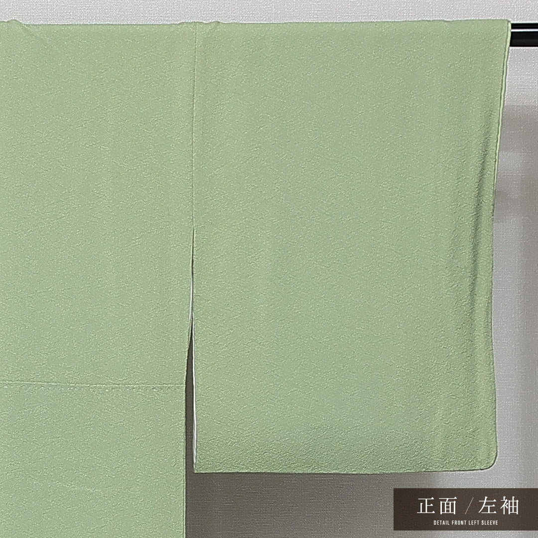 色無地 袷 身丈157cm 裄丈62cm 正絹 Sランク 一つ紋 (丸に三階松) セミフォーマル 広衿 Mサイズ ふくれ織 緑系 RP 1219-14388