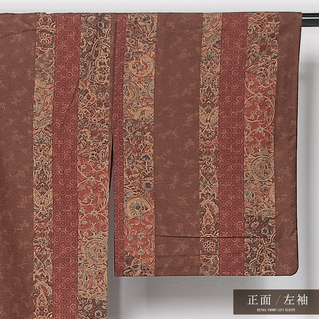 紬 単衣 身丈152cm 裄丈55cm 正絹 Sランク カジュアル 広衿 Sサイズ 更紗 縞 茶系 RP 1223-12165