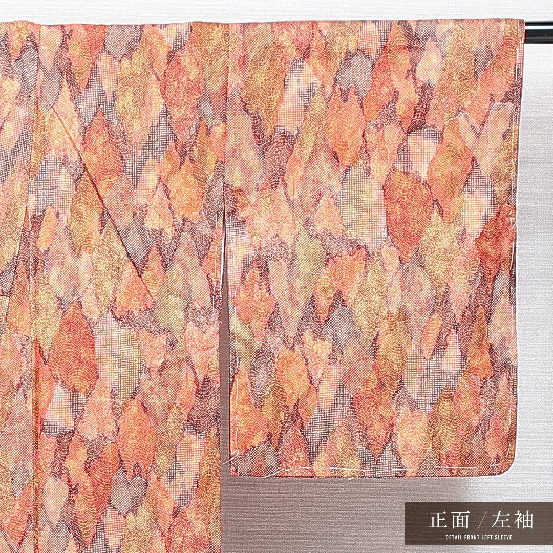 小紋 袷 身丈156cm 裄丈61cm 正絹 Aランク Mサイズ 広衿 インフォーマル 抽象柄 朱系 1215-14852