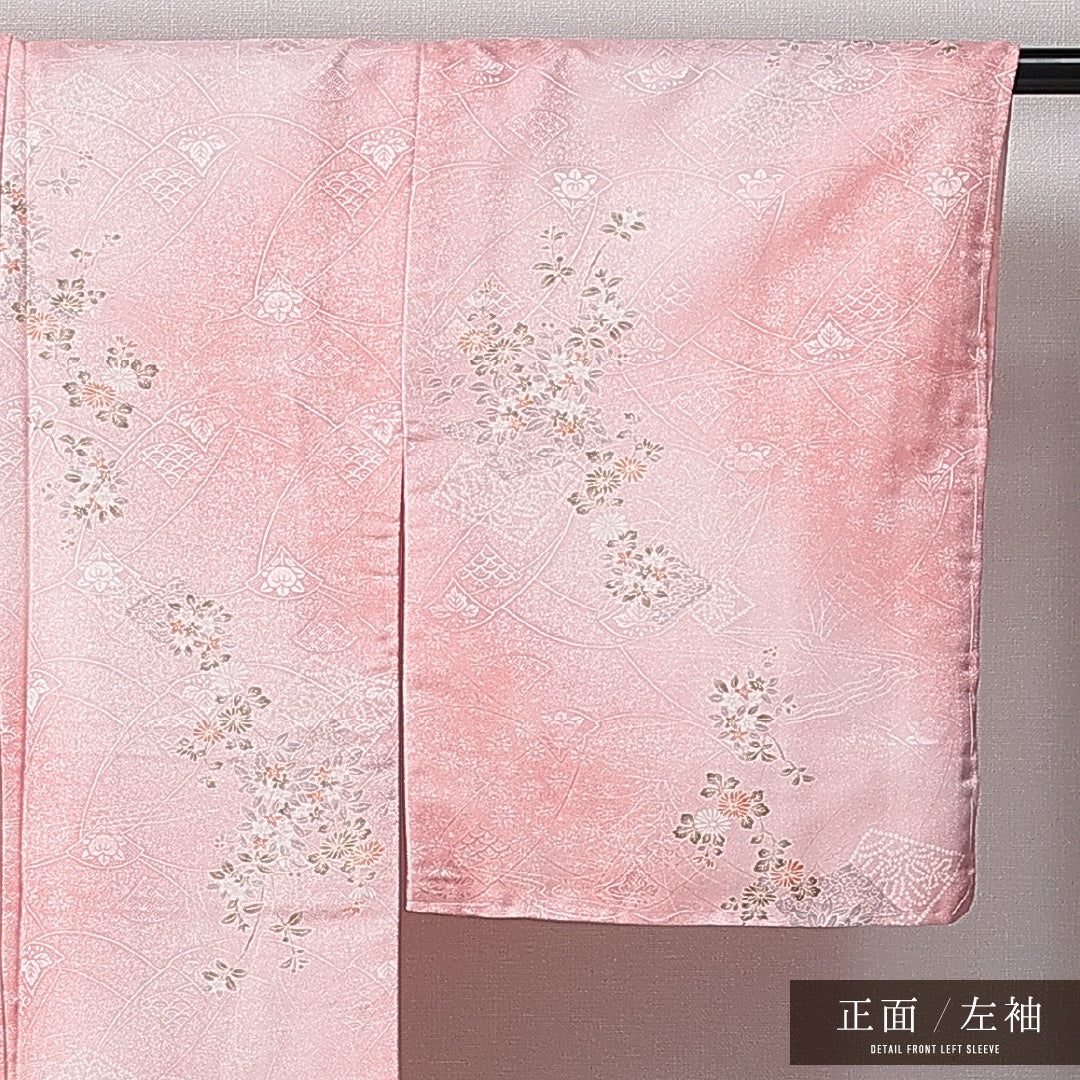 小紋 洗える着物 袷 身丈158cm 裄丈63cm ポリエステル Sランク Mサイズ 広衿 インフォーマル 流水 花柄 ピンク系 1215-15006