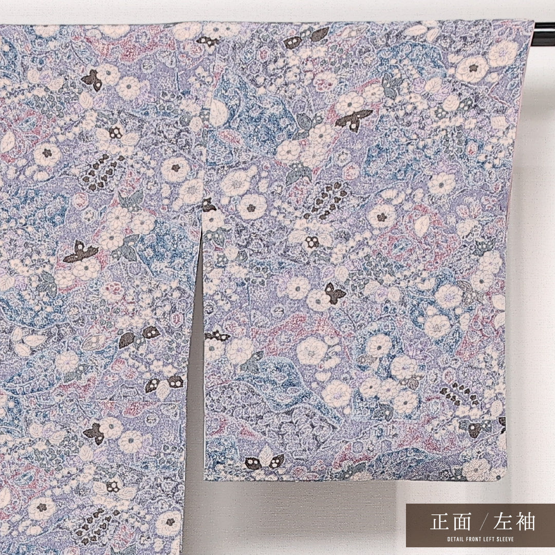 小紋 袷 身丈156cm 裄丈63cm 正絹 Sランク インフォーマル 広衿 Mサイズ 花柄 紫系 RP 1221-13394