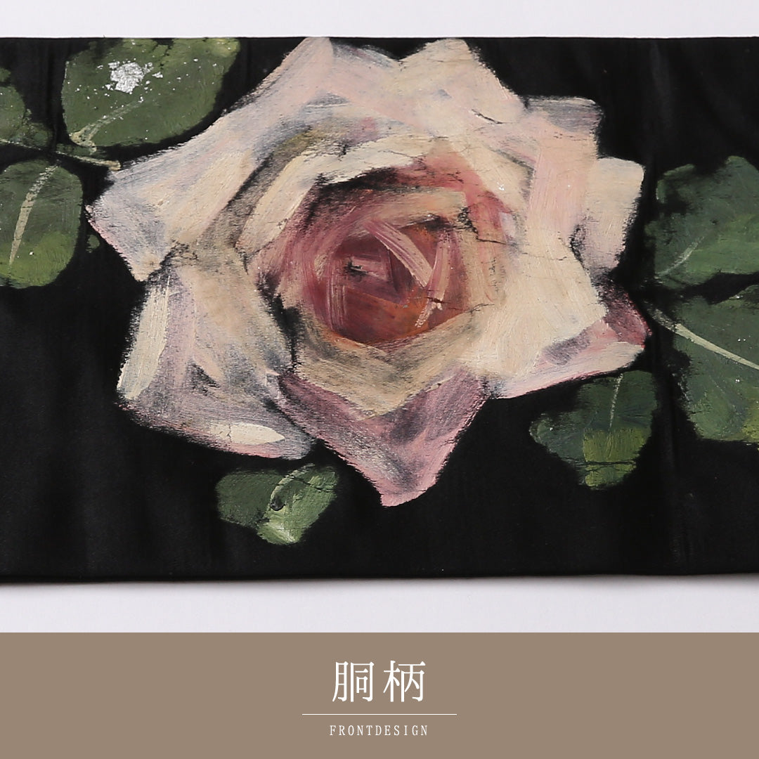 アンティーク 九寸名古屋帯 Aランク 帯丈324cm 正絹 ポイント柄 名古屋仕立て 染め ペンテ帯 薔薇 黒系 M4 1245-02698
