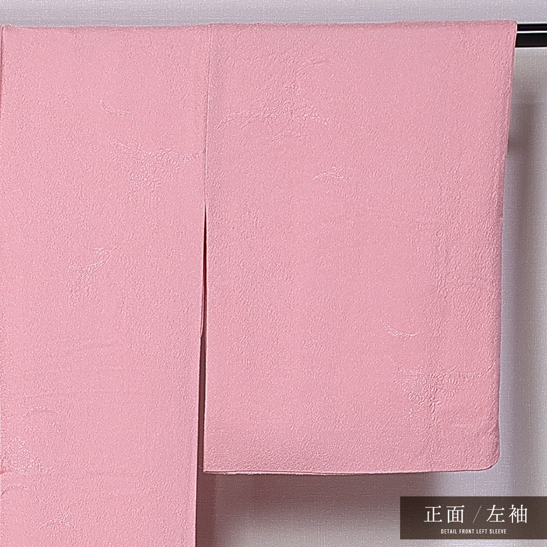 色無地 袷 身丈164cm 裄丈65cm 正絹 Bランク 一つ紋 (五三桐) セミフォーマル 広衿 Lサイズ 織り出し 芝草 菊 ピンク系 RP 1219-11378