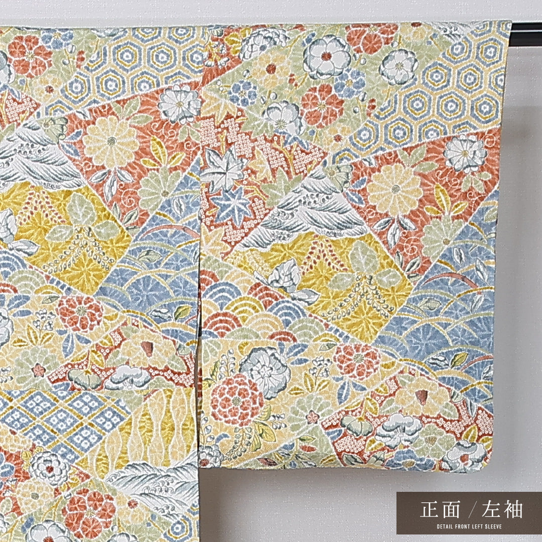 小紋 身丈157cm 裄丈64.5cm Sランク M 正絹 単衣 広衿 ちりめん 吉祥文様 カジュアル 黄系 1215-12305