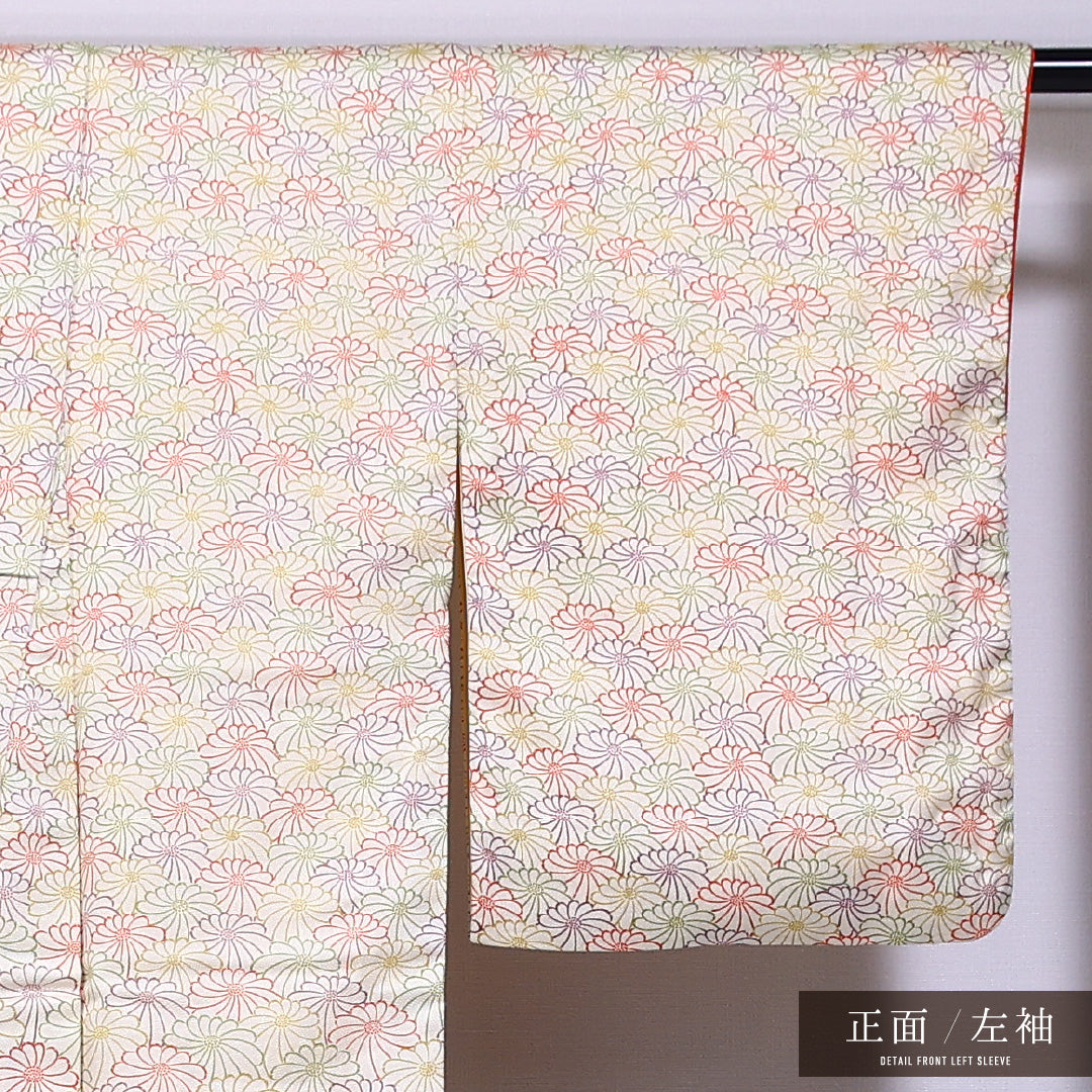 小紋 袷 身丈158cm 裄丈62cm 正絹 Sランク インフォーマル 広衿 Mサイズ 菊 クリーム系 RP 1221-11661