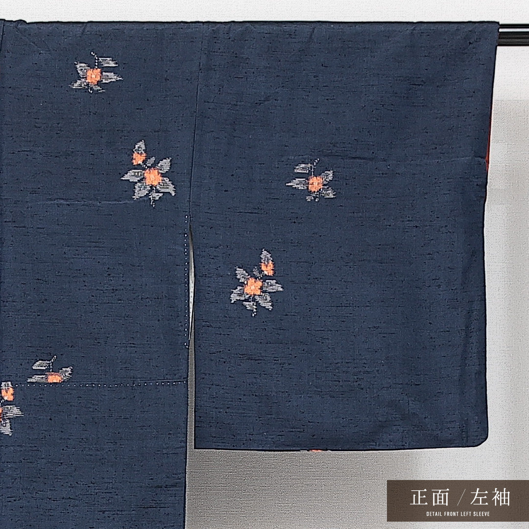 真綿紬 袷 身丈161cm 裄丈65cm 正絹 Sランク カジュアル 広衿 Lサイズ 花柄 紺系 RP 1223-14606
