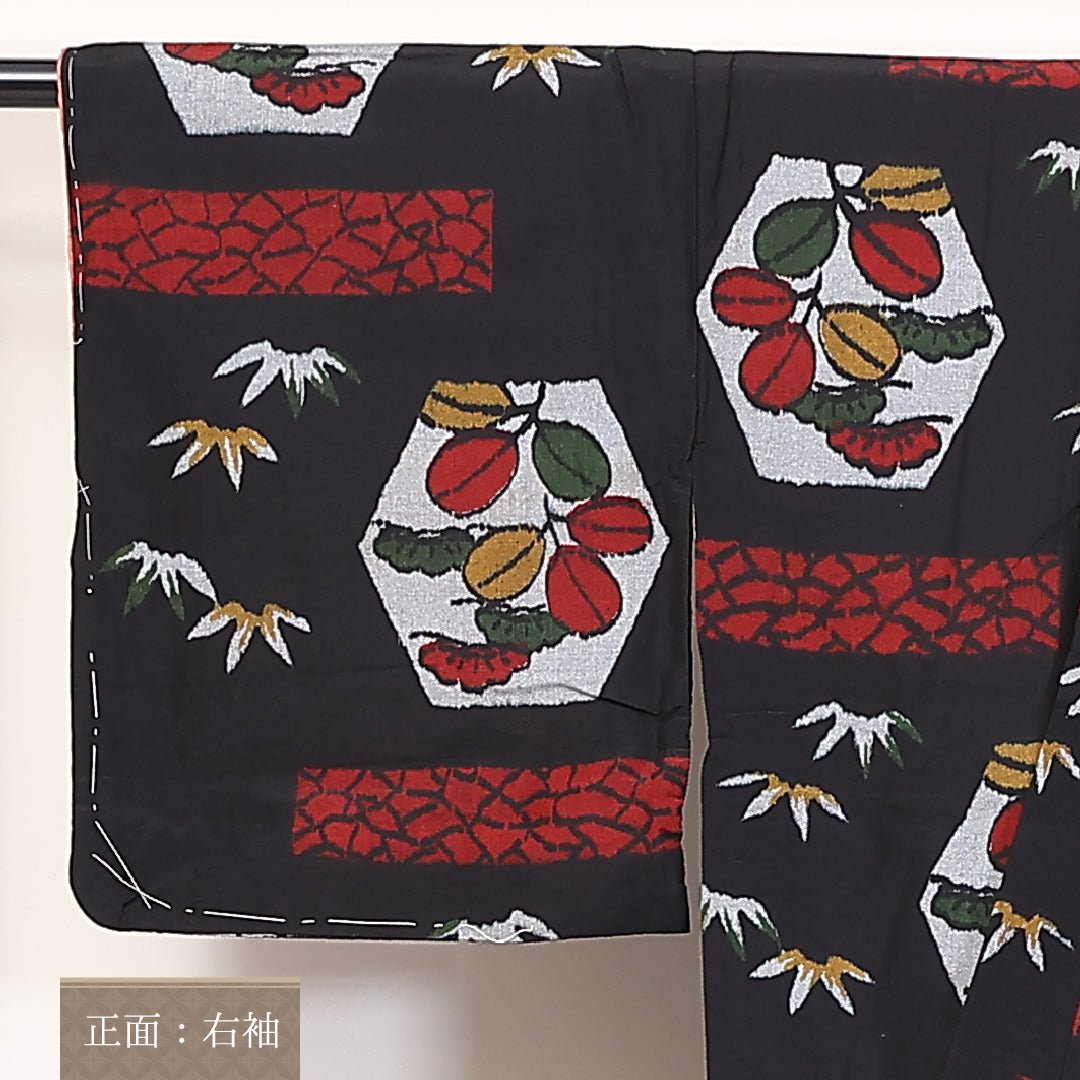 アンティーク お召 袷 身丈151cm 裄62cm 正絹 黒系 Aランク 1216-01276