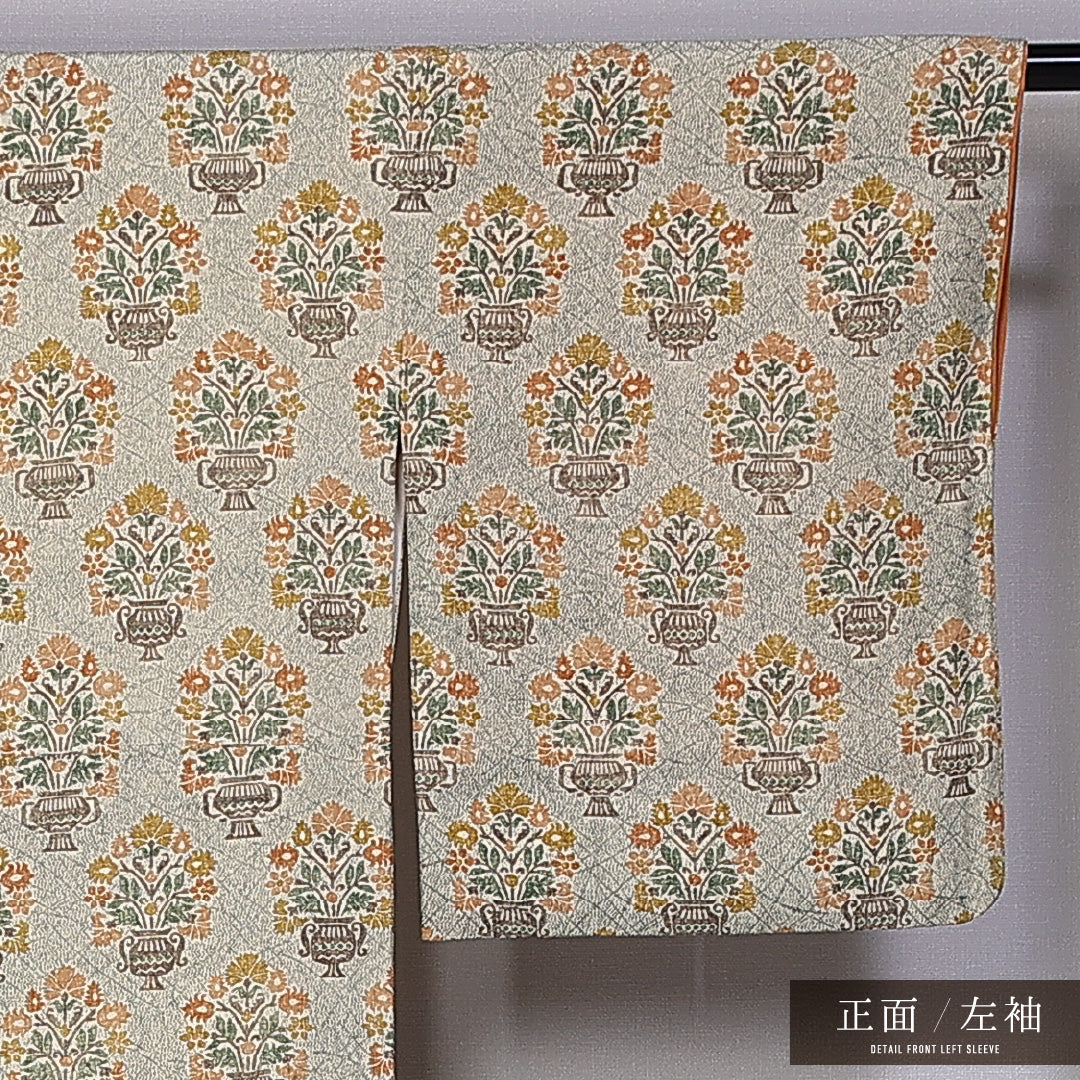 小紋 袷 身丈156cm 裄丈63cm 正絹 Sランク インフォーマル 広衿 Mサイズ 花瓶 緑系 RP 1221-11255