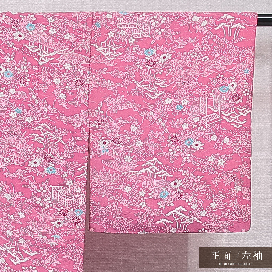 小紋 袷 身丈149cm 裄丈62cm 正絹 Sランク インフォーマル バチ衿 XSサイズ 流水 菊 ピンク系 RP 1221-15617
