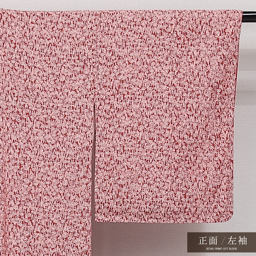 洗える着物 小紋 袷 身丈154cm 裄丈62cm ポリエステル Sランク インフォーマル バチ衿 Sサイズ 花柄 赤系 RP 1221-14621