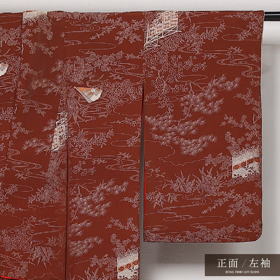 アンティーク お召 袷 身丈146cm 裄丈61cm 正絹 Cランク 広衿 XSサイズ 流水 松 茶系 RP 1222-13622