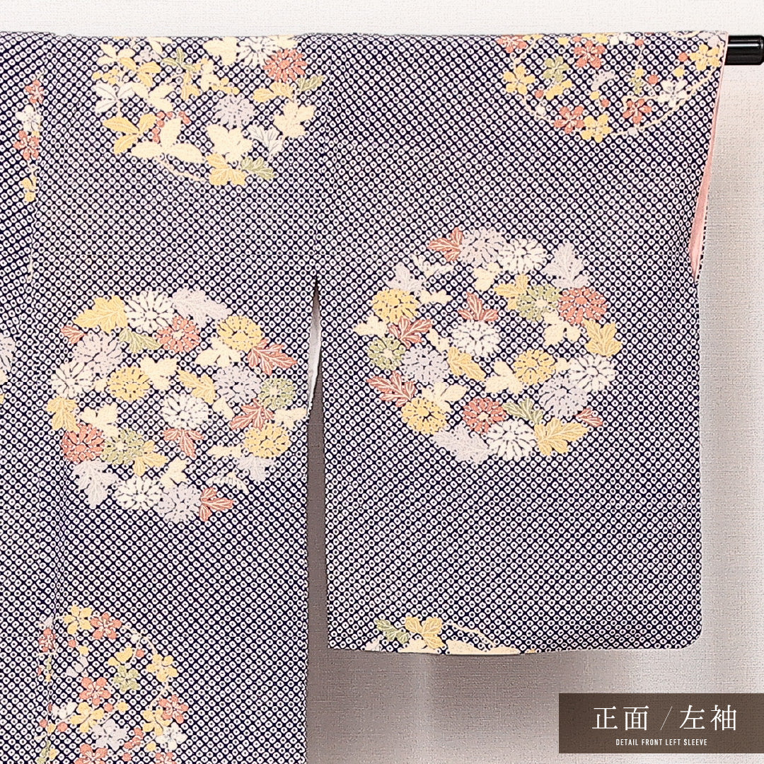 小紋 袷 身丈148cm 裄丈64cm 正絹 Aランク インフォーマル 広衿 XSサイズ 花文 紫系 RP 1221-14096
