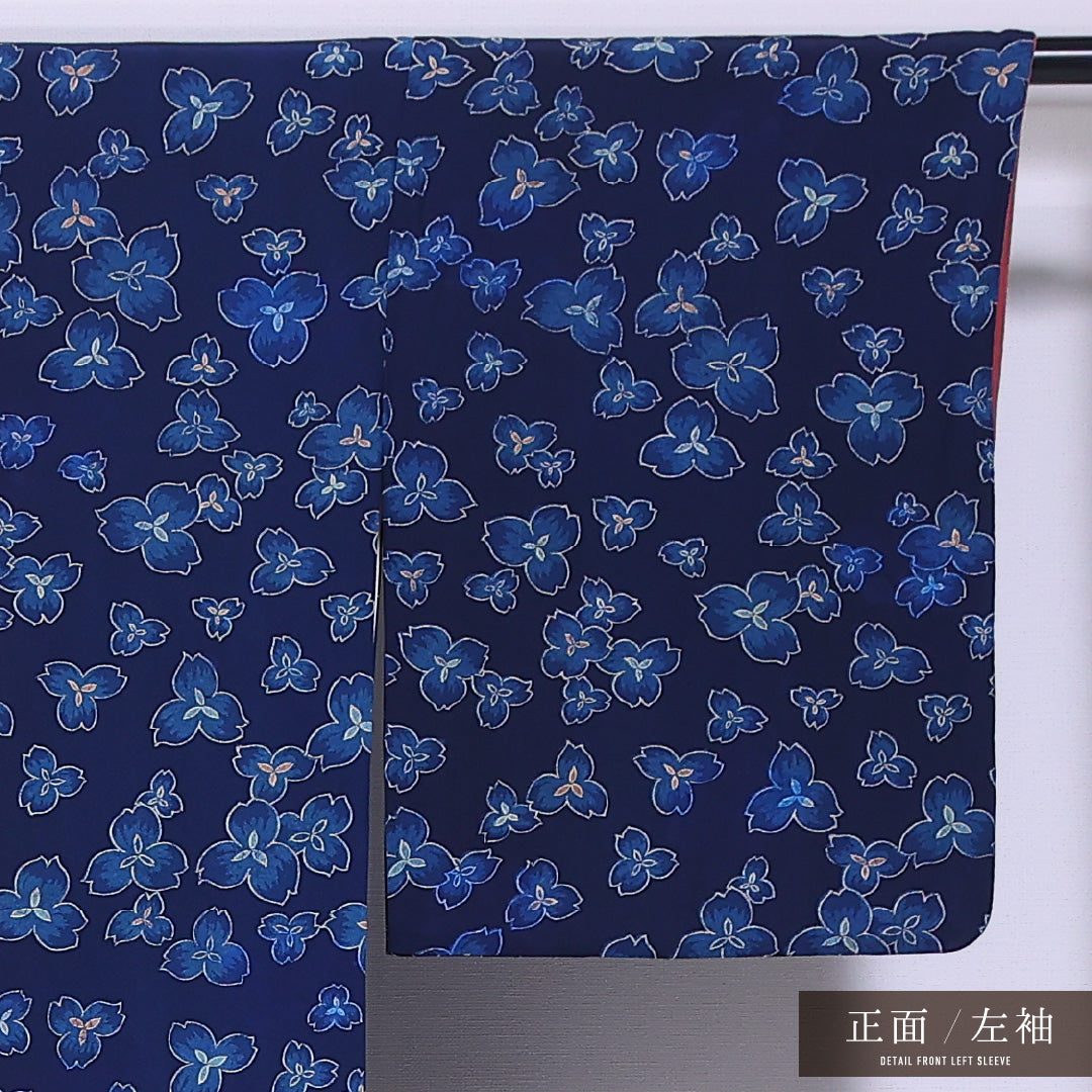 小紋 袷 身丈149cm 裄丈65cm 正絹 Cランク インフォーマル バチ衿 XSサイズ 花柄 紺系 HP 1221-11798