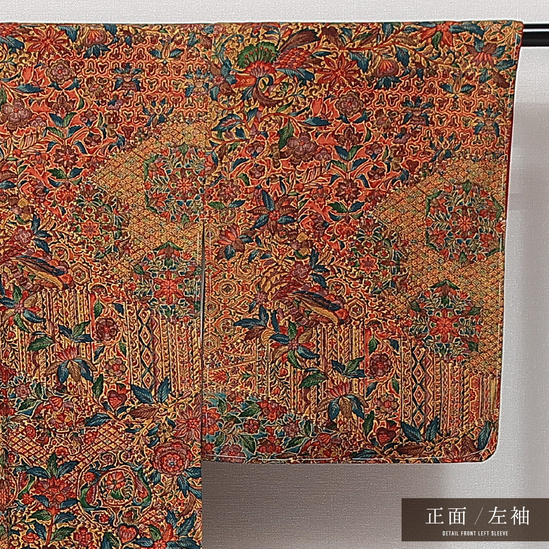 小紋 袷 身丈163cm 裄丈65cm 正絹 Sランク インフォーマル バチ衿 Lサイズ 更紗 茶系 RP 1221-14489