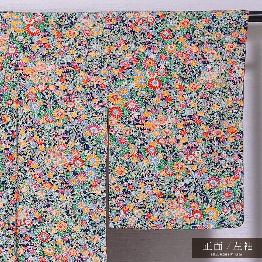 小紋 袷 身丈159cm 裄丈63cm 正絹 Sランク インフォーマル 広衿 Mサイズ 菊 植物柄 緑系 RP 1221-11747