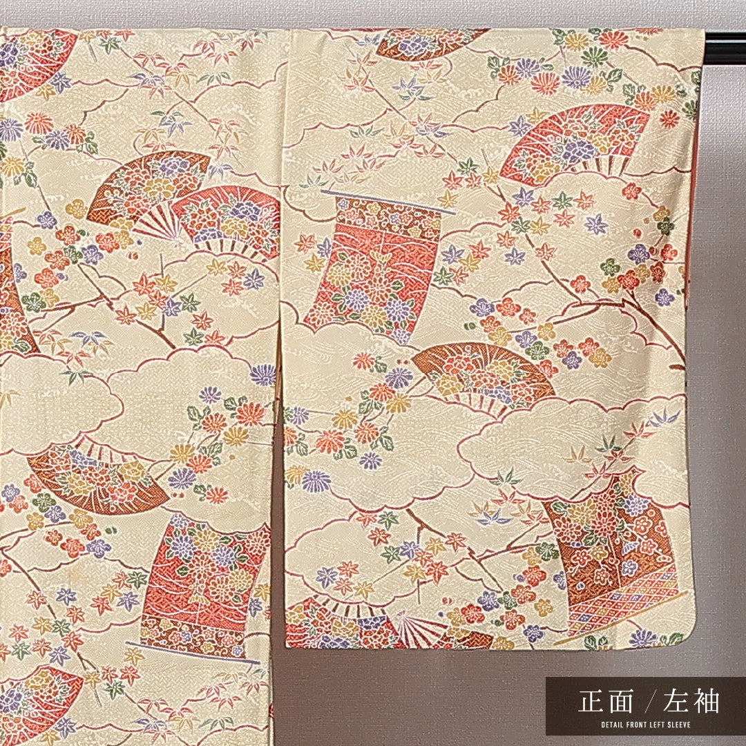 洗える着物 小紋 袷 身丈156cm 裄丈64cm ポリエステル Aランク インフォーマル 広衿 Mサイズ 几帳 扇子 クリーム系 HP 1221-14993