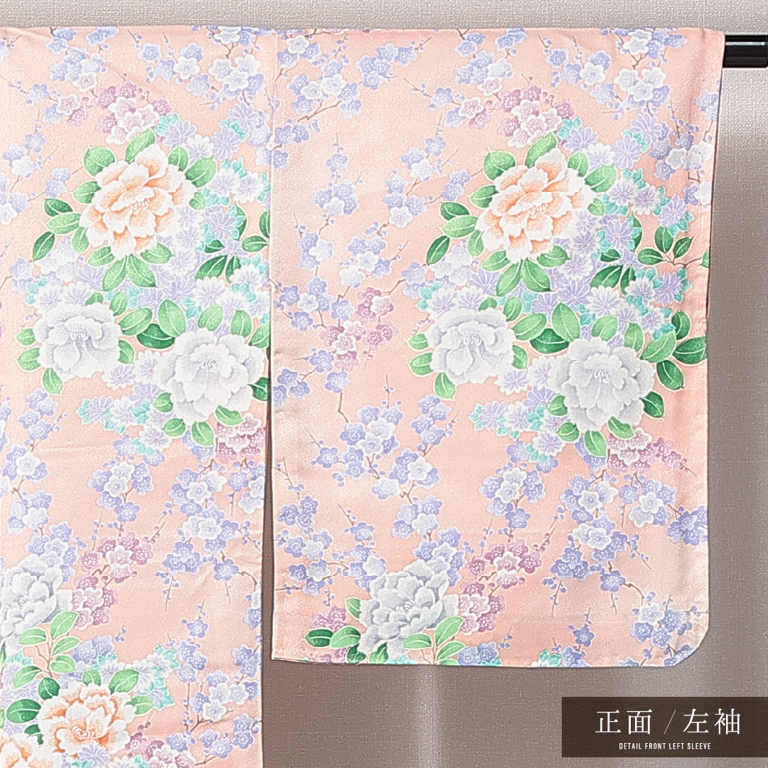 新古品 小紋 洗える着物 袷 身丈164cm 裄丈65cm ポリエステル Nランク Lサイズ 広衿 インフォーマル 牡丹 梅 しつけ糸 ピンク系 1215-14818