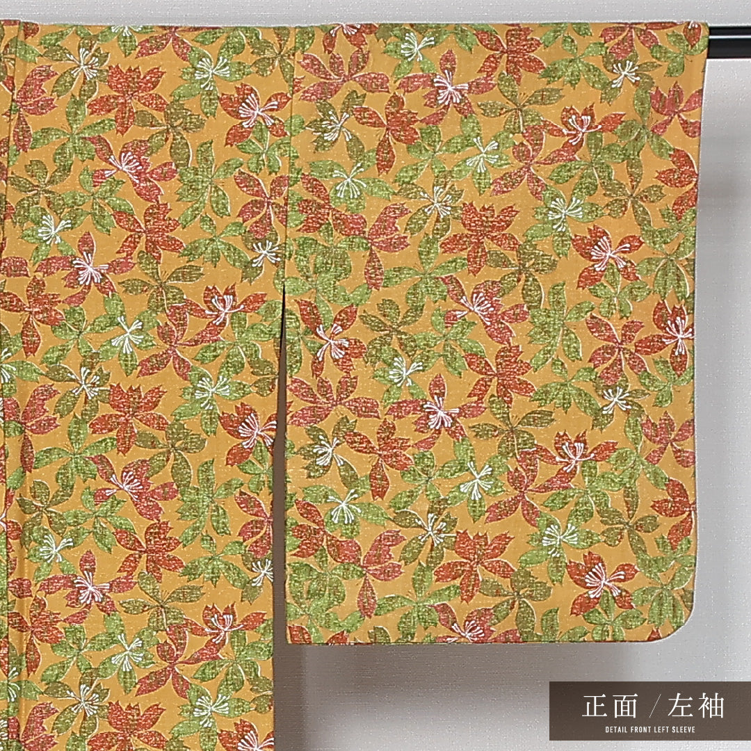 紬 単衣 身丈155cm 裄丈62cm 正絹 Bランク カジュアル バチ衿 Mサイズ 染め紬 肩当て 花柄 黄系 RP 1223-12031