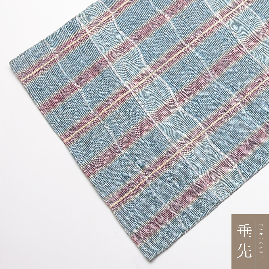 夏物 名古屋帯 帯丈358cm Cランク 松葉仕立て 全通 正絹 紗 格子 カジュアル 水色系 1224-01884