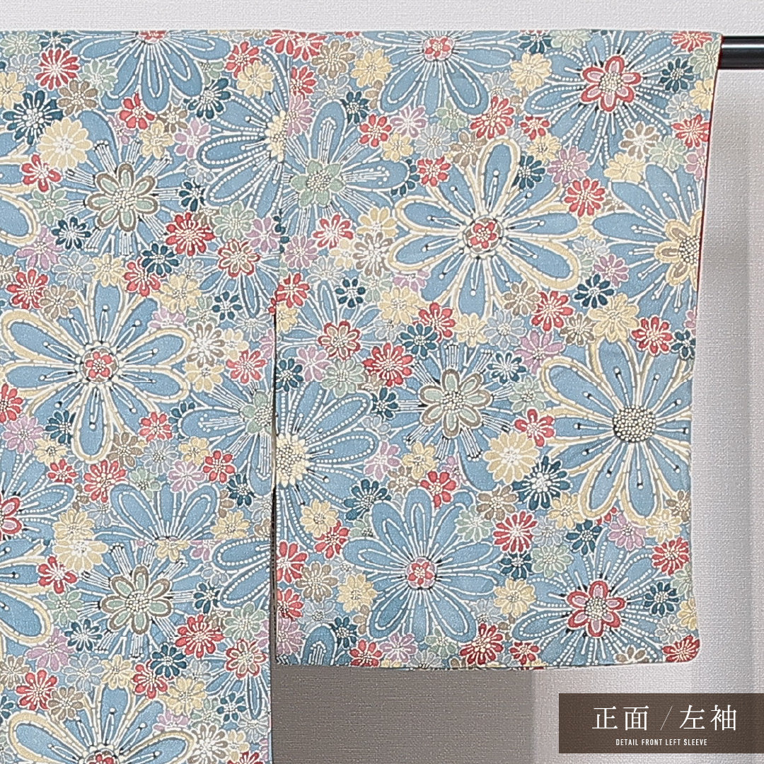 小紋 袷 身丈162cm 裄丈63cm 正絹 Aランク インフォーマル 広衿 Lサイズ 菊 水色系 HP 1221-15622