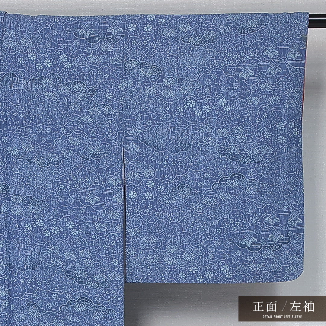 洗える着物 小紋 袷 身丈157cm 裄丈62cm ポリエステル Cランク インフォーマル バチ衿 Mサイズ 茶屋辻 花柄 紅葉 青系 LP 1221-12047