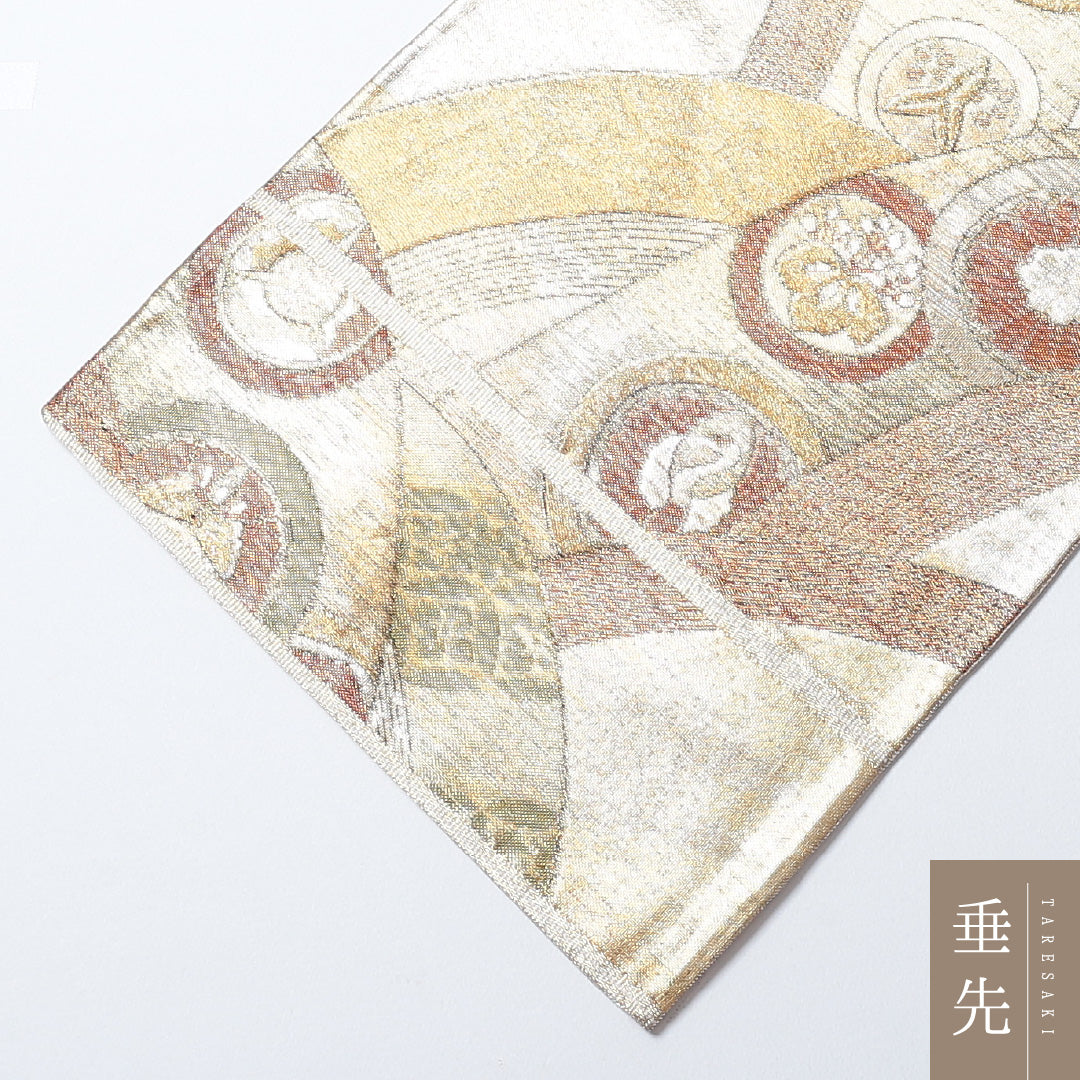 袋帯 帯丈412cm 正絹 六通 フォーマル 青海波 家紋柄 金系 1243-00665