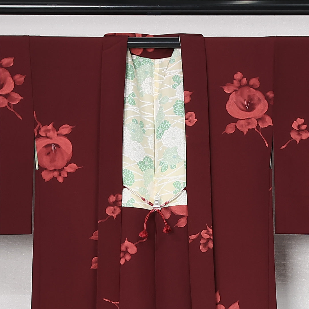 羽織 袷 身丈80cm 裄丈64cm 正絹 Aランク カジュアル Mサイズ 紐あり 花柄 赤系 M4 1232-12613