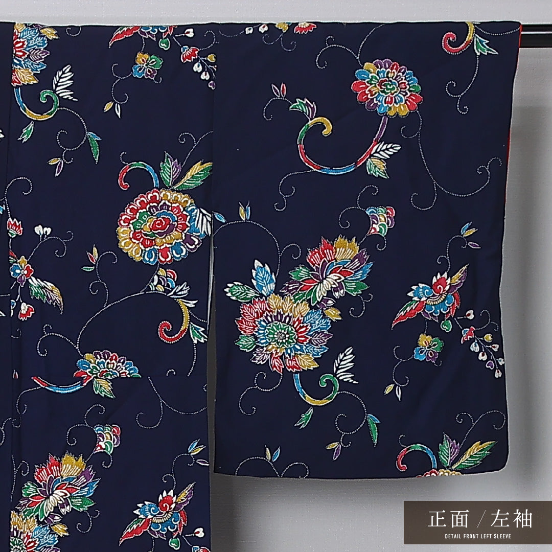 小紋 身丈162cm 裄丈65cm Sランク L 正絹 袷 広衿 菊 牡丹 カジュアル 紺系 1215-12374
