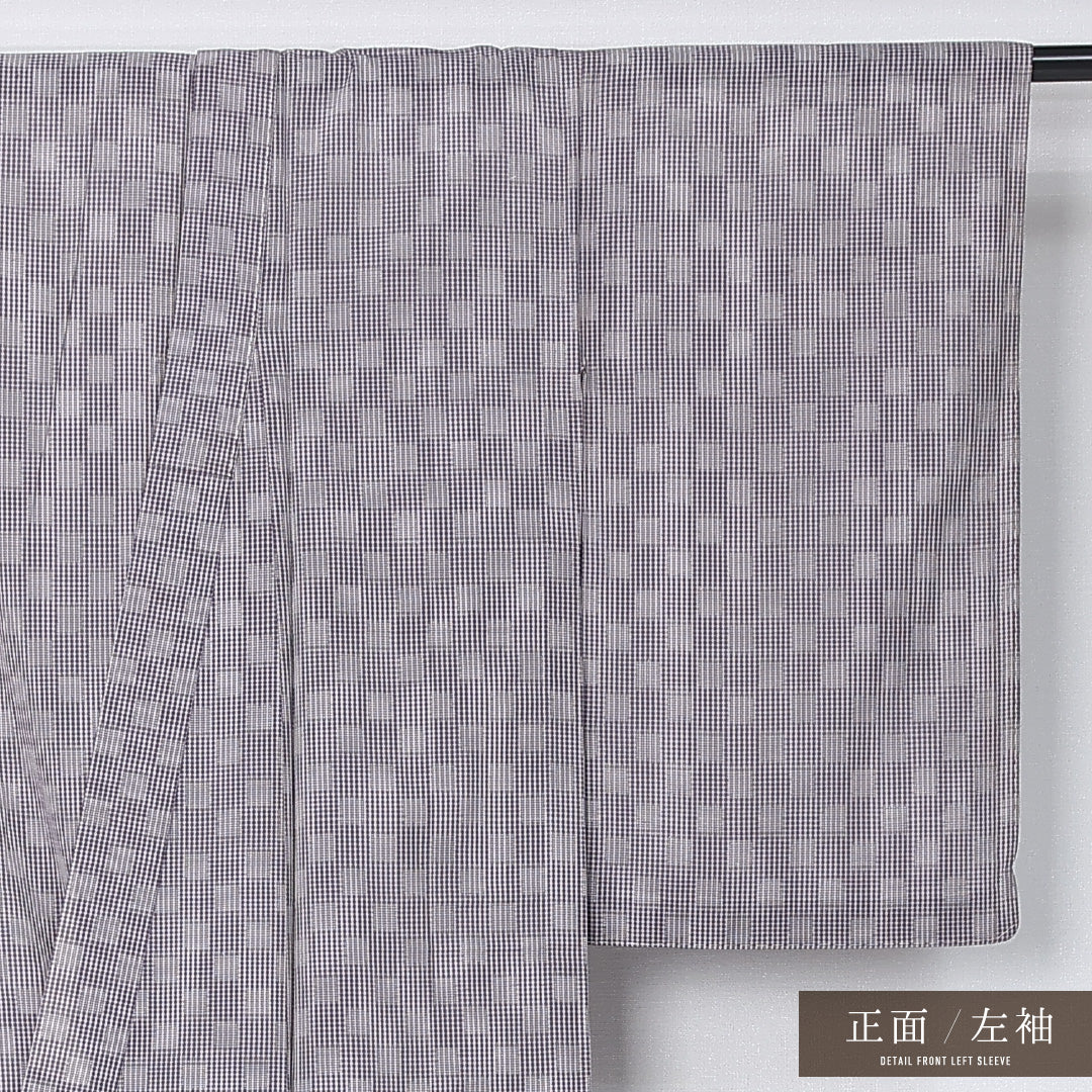 夏物 紬 身丈156cm 裄丈61cm Bランク M 正絹 夏紬 バチ衿 市松 カジュアル 紫系 1216-12302