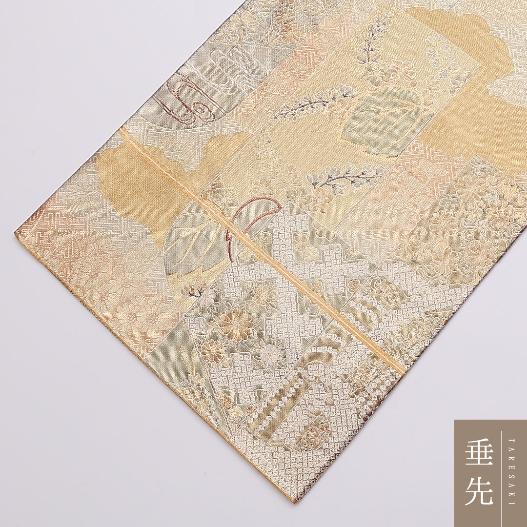 袋帯 帯丈424cm 六通 佐賀錦 桐 笠松 鶴 吉祥文様 セミフォーマル 金系 正絹 Aランク 1223-00888