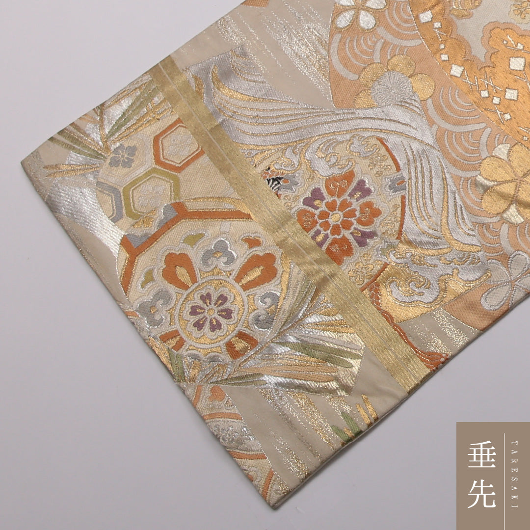 アンティーク 丸帯 帯丈400cm 正絹 全通 扇面文 楽器 クリーム系 金系 1242-01365