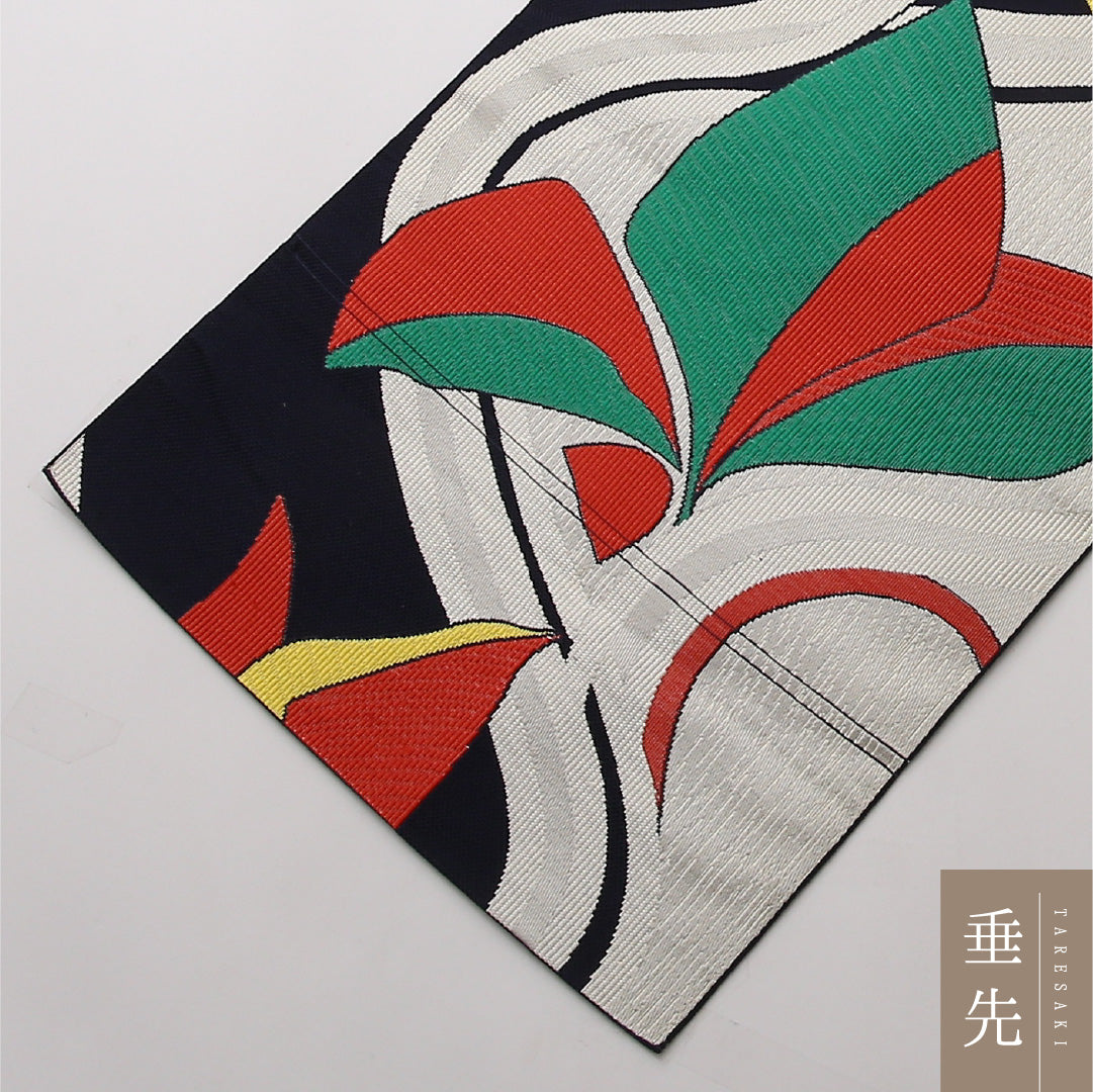八寸名古屋帯 Cランク 帯丈364cm 正絹 六通 松葉仕立て 織り カジュアル 唐華 紺系 RP 1245-02318
