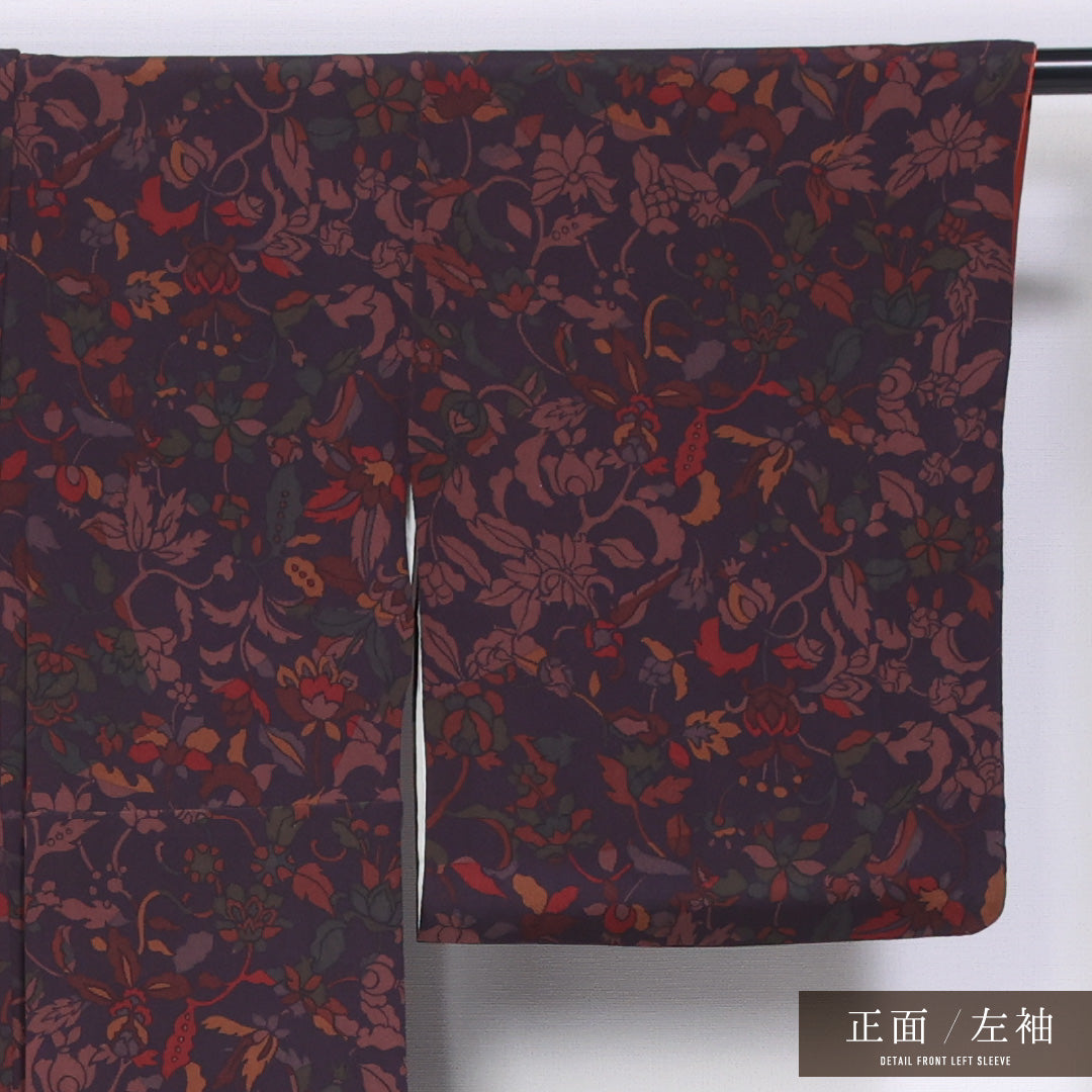小紋 袷 身丈158cm 裄丈63cm 正絹 Sランク インフォーマル 広衿 Mサイズ 唐草華文 紫系 M4 1221-11412