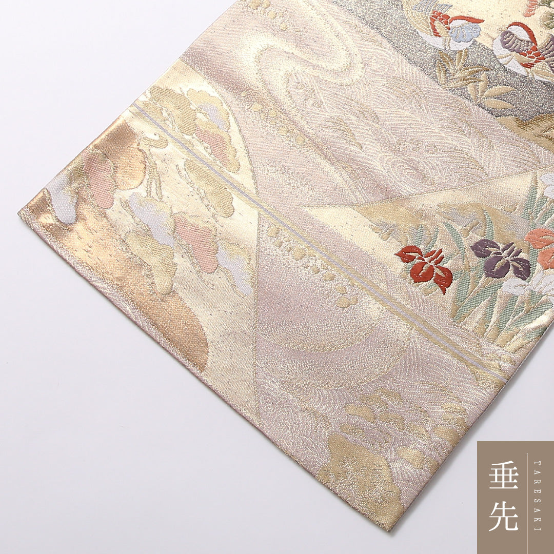袋帯 帯丈418cm 正絹 六通 フォーマル 本金箔 鴛鴦 山水 金系 ベージュ系 1243-01688