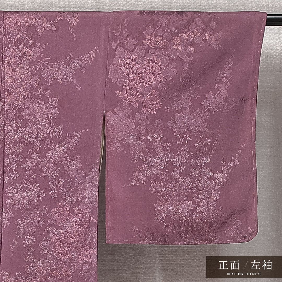 アンティーク 小紋 袷 身丈147cm 裄丈61cm 正絹 Aランク XSサイズ 広衿 ちりめん 織り出し 植物柄 漆糸 紫系 1215-14823