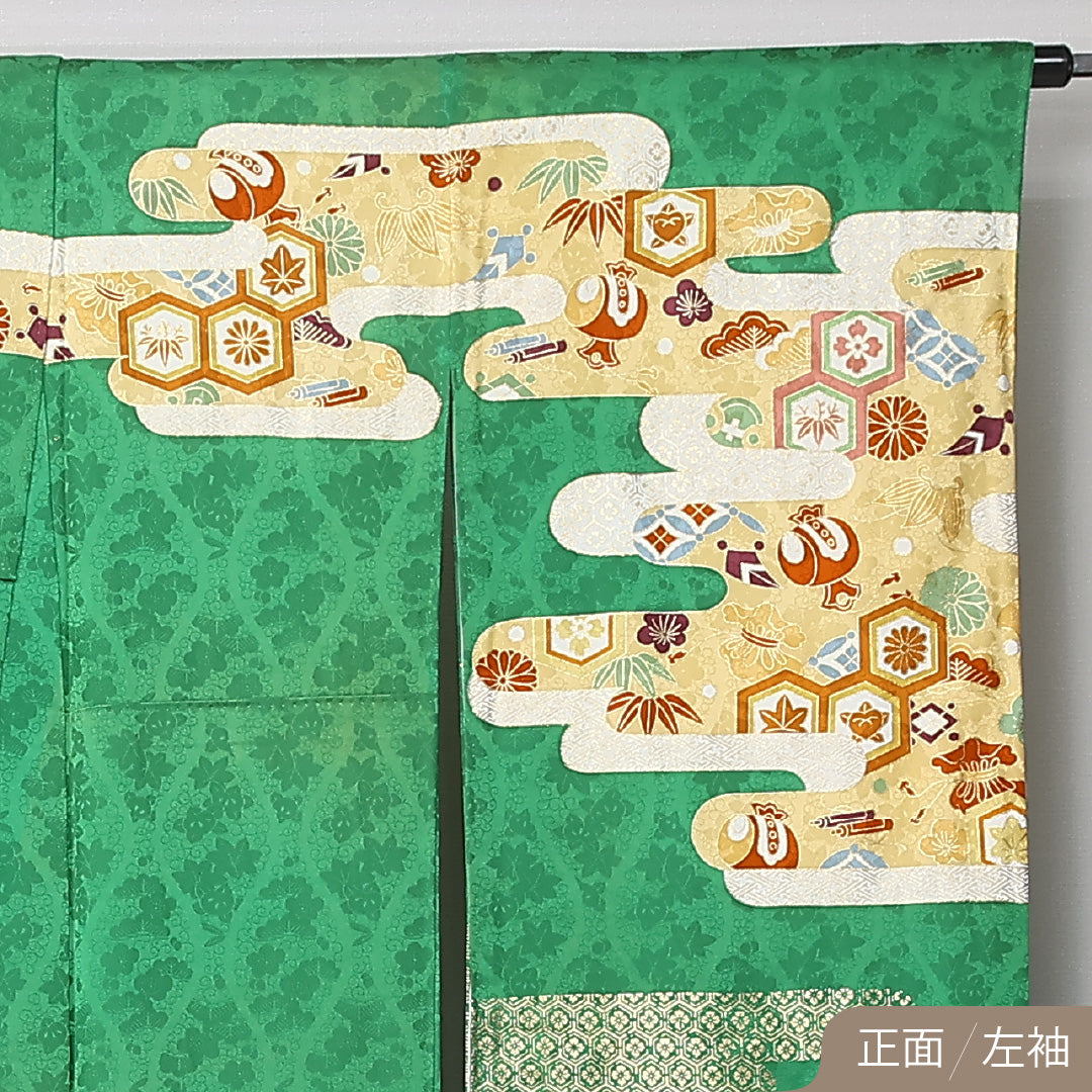 振袖 身丈170cm 裄丈67.5cm Aランク 正絹 袷 広衿 2XL エ霞 宝尽くし フォーマル 古典的 華やか 緑系 1213-F0492