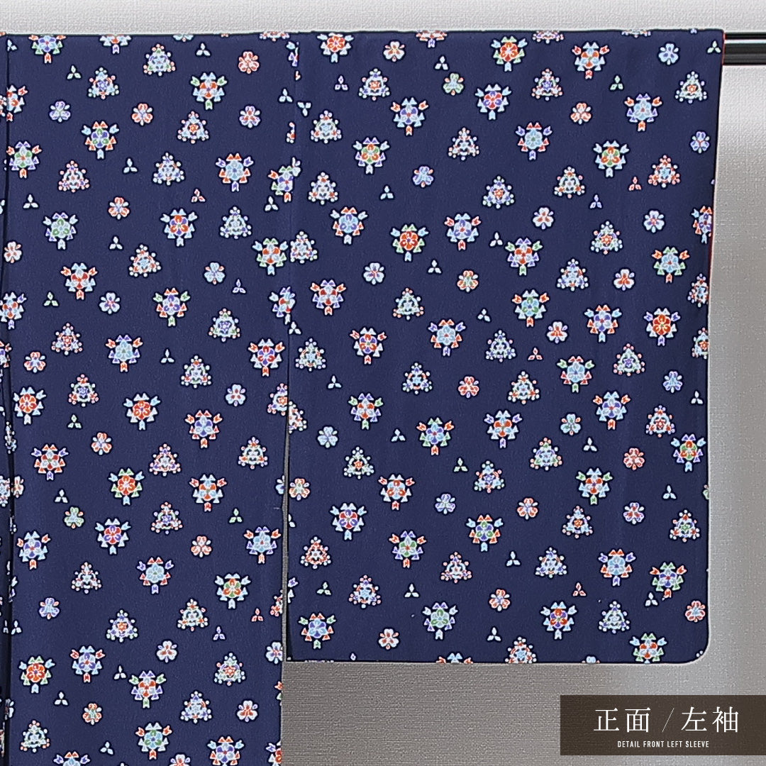 小紋 袷 身丈159cm 裄丈63cm 正絹 Sランク インフォーマル 広衿 Mサイズ 創作柄 紺系 RP 1221-14917