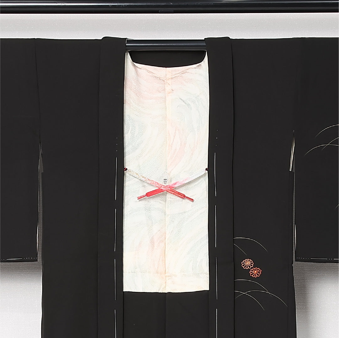 黒羽織 袷 身丈83cm 裄丈64cm 正絹 Cランク インフォーマル Mサイズ 紐あり 鼓 芝草 菊 黒系 LP 1233-12928