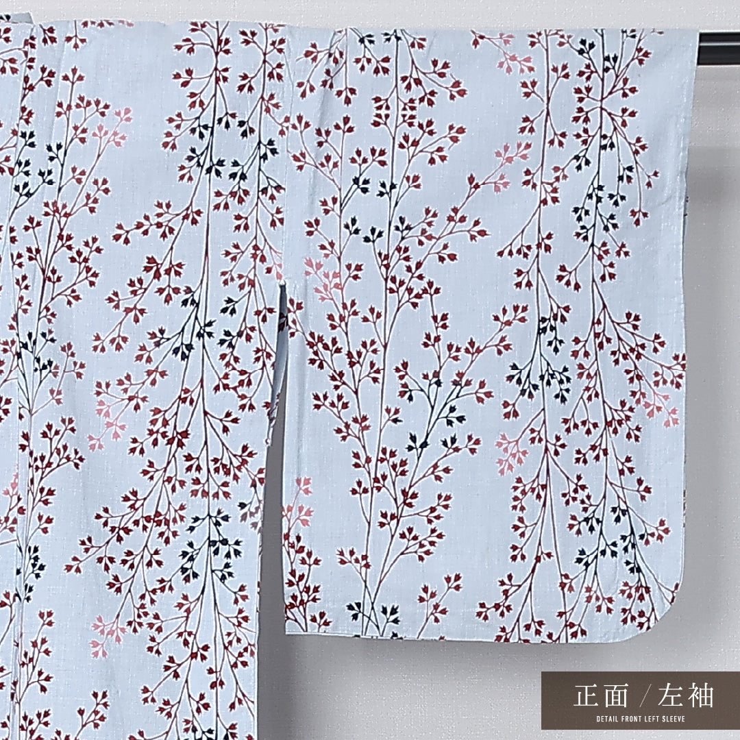 浴衣 身丈142cm 裄丈61cm Cランク XS 木綿 洗える着物 単衣 バチ衿 樹木 カジュアル 水色系 1218-12291